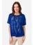 Kadın Sıfır Yaka Önü File Baskılı Penye T-Shirt Saks 5
