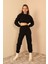 Şardonlu 3 Iplik Kumaş Uzun Kol Kadın Sweatshirt Siyah 23KEFT1 1