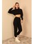 Şardonlu 3 Iplik Kumaş Uzun Kol Kadın Sweatshirt Siyah 23KEFT1 3