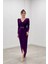 Krep Kumaş Pile Detaylı Elbise - Patlıcan Mor 1