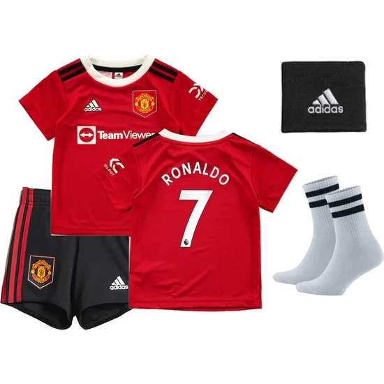 Manchester Unıted Ronaldo Kırmızı Bisiklet Yaka Çocuk Forması 4'lü Set Forma+Şort+Çorap+Bileklik