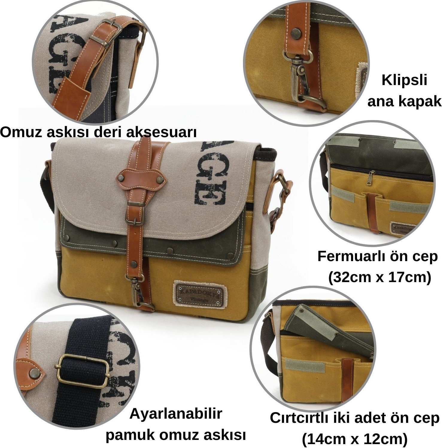Cappadocia Vintage 4046 Omuz Postacı Bej Haki Hardal Suya Dayanıklı Mumlu Kanvas Laptop Seyahat Çantası görsel 4