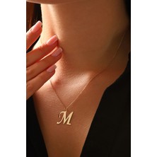 Moom Mücevherat Kadın 14 Ayar Altın Harf Kolye El Işi M Harfi Altın Kolye Zincirli Harf Kolye 42 cm
