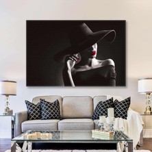 SML Tablo Nostalji Kırmızı Rujlu ve Ojeli Şapkalı Asil Kadın Kanvas Tablo