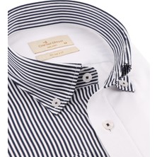 Daniel Bessi Slim Fit Uzun Kollu Beyaz Lacivert Çizgili Erkek Gömlek 990-108