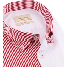 Daniel Bessi Slim Fit Uzun Kollu Beyaz Kırmızı Çizgili Erkek Gömlek 990-109