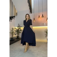 Ges Moda G0505 Kruvaze Yaka Kuşaklı Asimetrik Elbise Lacivert