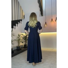 Ges Moda G0505 Kruvaze Yaka Kuşaklı Asimetrik Elbise Lacivert