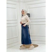 Vellichor Kemer Dantel Detaylı Kot Etek - Koyu Mavi