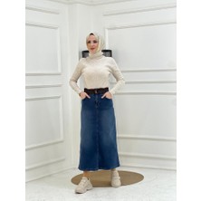 Vellichor Kemer Dantel Detaylı Kot Etek - Koyu Mavi