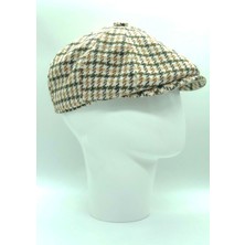 BE Hoope Kışlık Yünlü Krem-Bej Kazayağı Desenli 8 Parçalı Ingiliz Stili Peaky Blinders Kasket Şapka