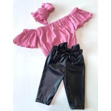 Özge Başaran Kız Çocuk, Likralı Deri Fiyonk Detaylı Pantolon, Pembe Straplez Crop Bluz ve Saç Bandı Takımı.