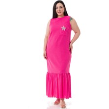 Disentis Modest Büyük Beden Cep Detaylı Kolsuz Keten Uzun Fuşya Elbise