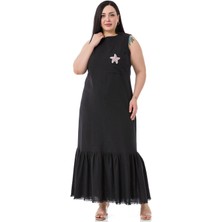 Disentis Modest Büyük Beden Cep Detaylı Kolsuz Keten Uzun Siyah Elbise