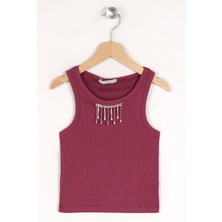 Zepkids Kız Çocuk Mürdüm Renkli Bisiklet Yaka Taş Detaylı Sıfır Kollu Atlet