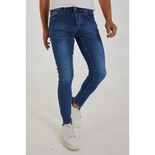 Modamesto Erkek Mavi Lazerli Skinny Fit Jean Pantolon