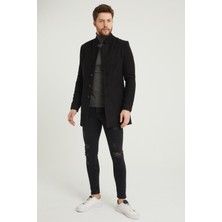 Modamesto Erkek Siyah Slim Fit Dik Yaka Kaşe Kaban