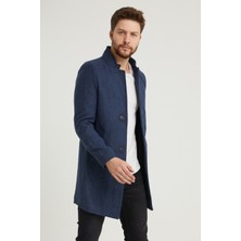 Modamesto Erkek Lacivert Slim Fit Dik Yaka Kaşe Kaban