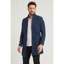 Modamesto Erkek Lacivert Slim Fit Dik Yaka Kaşe Kaban