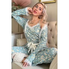 Pijama Evi Yeşil Sarı Mini Papatya Desenli Sabahlıklı Pegasus Pijama Takımı