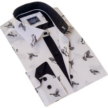 Exve Exclusive Beyaz Üzerine Siyah Kuş Baskılı Pamuk Slim Fit Uzun Kol Erkek Gömlek10