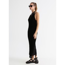 Black On Black V Yaka Düz Siyah Uzun Kadın Elbise K-Romına