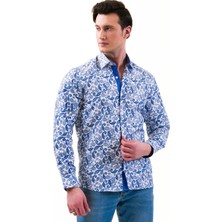 Exve Exclusive Mavi Şal Desen Baskılı Tasarım Slim Fit Uzun Kol Erkek Gömlek