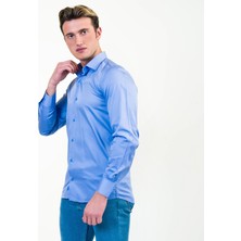 Exve Exclusive Mavi Sade 100% Pamuk Saten Slim Fit Uzun Kol Erkek Gömlek