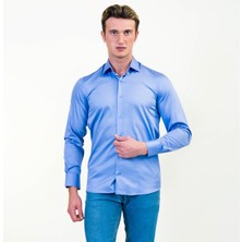 Exve Exclusive Mavi Sade 100% Pamuk Saten Slim Fit Uzun Kol Erkek Gömlek