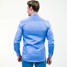 Exve Exclusive Mavi Sade 100% Pamuk Saten Slim Fit Uzun Kol Erkek Gömlek