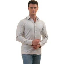 Exve Exclusive Gri Sade Kendinden Desenli 100% Pamuk Slim Fit Uzun Kol Erkek Gömlek