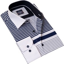 Exve Exclusive Beyaz Üzerine Göğüsü Lacivert Çizgili Özel Pano Kesim Slim Fit Uzun Kol Erkek Gömlek