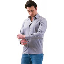 Exve Exclusive Gri Mavi Geçişli Pamuk Oxford Stil Slim Fit Uzun Kol Erkek Gömlek