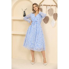 Neşeli Butik Kadın Mavi Desenli Şifon Elbise RSSN32