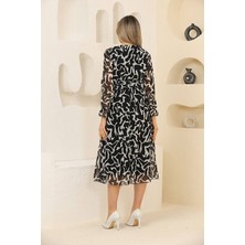 Neşeli Butik Kadın Siyah Desenli Şifon Elbise RSSN32