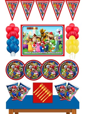 Parti Furyası Super Mario Doğum Günü Konsepti Büyük Boy Afiş 50X70 cm 16 Kişilik Super Mario  doğum Günü Seti 