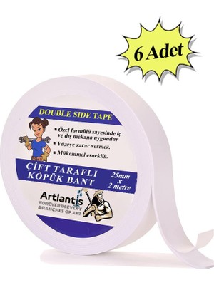 Artlantis Çift Taraflı Bant Köpük Bant 25MM x 2mt 6 Adet Çerçeve Tablo Halı Yapıştırma Bandı Iç ve Dış Mekan Süper Güçlü Köpük Bant
