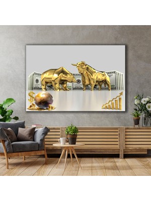SML Tablo Altın Boğa ve Ayı Borsa Ekonomi Finans Dolar Altın Dünya Gold Lüks Dekor Kanvas Tablo