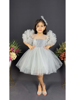 Mnk Baby & Kids Mnk Baby Şifon Robalı Ponpon Kol Pul Payetli Kız Çocuk Kabarık Etek Tütülü Abiye10