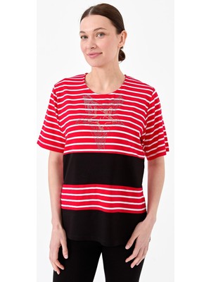 Desen Triko Kadın Sıfır Yaka Çizgi Önü Taşlı Penye T-Shirt Kırmızı