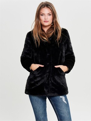 Only 15164600 Kadın Siyah Faux Fur Mont Uzun Kol Dik Yaka Günlük Stil Düz Desenli