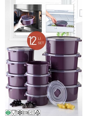 Nandy Home Mikrodalga ve Difrizde Kullanılabilen Saklama Kabı Seti Yuvarlak 12'li Mürdüm