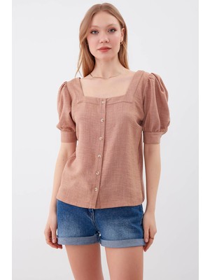 Vitrin U Yaka Balon Kol Düğmeli Bluz