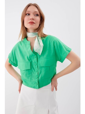 Vitrin Kapak Cepli Viskon Keten Crop Gömlek