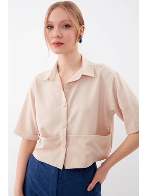 Vitrin Cep Detaylı Kısa Kol Crop Gömlek