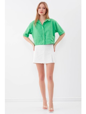 Vitrin Cep Detaylı Kısa Kol Crop Gömlek