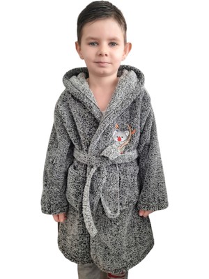 Sweet's Collection Koala Nakışlı Gri Kırçıllı  Genç Çocuk Kapüşonlu Welsoft Peluş Sabahlık