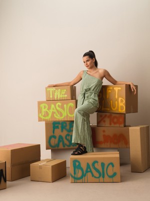 Xint Kadın Yeşil Oversize Keten Tulum