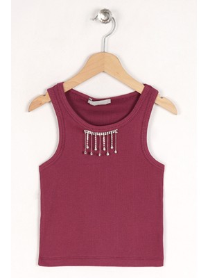 Zepkids Kız Çocuk Mürdüm Renkli Bisiklet Yaka Taş Detaylı Sıfır Kollu Atlet