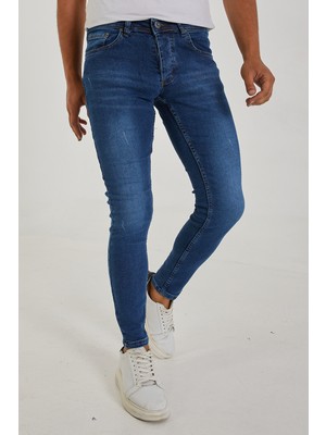 Modamesto Erkek Mavi Lazerli Skinny Fit Jean Pantolon